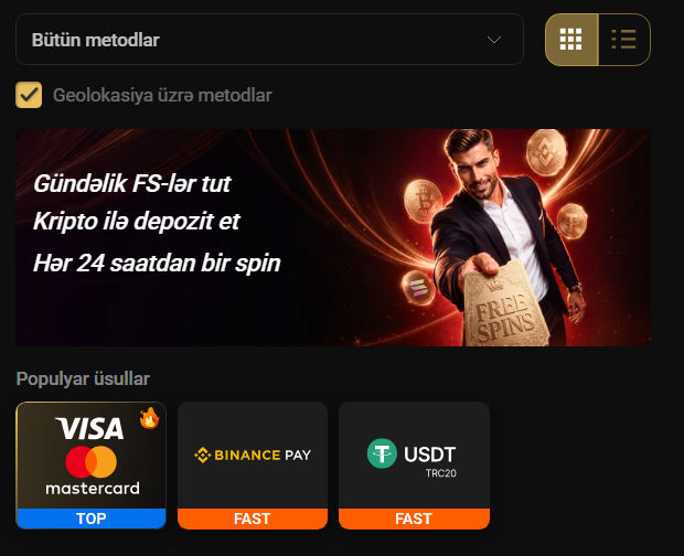 Pin Up depozit üsulları – Visa, Binance Pay, USDT